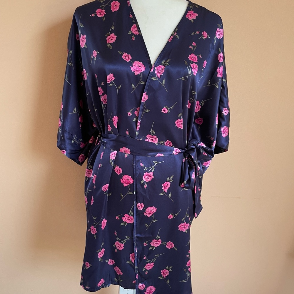 Vintage Cinema Etoile Navy Silky Poly Pink Floral Robe Med